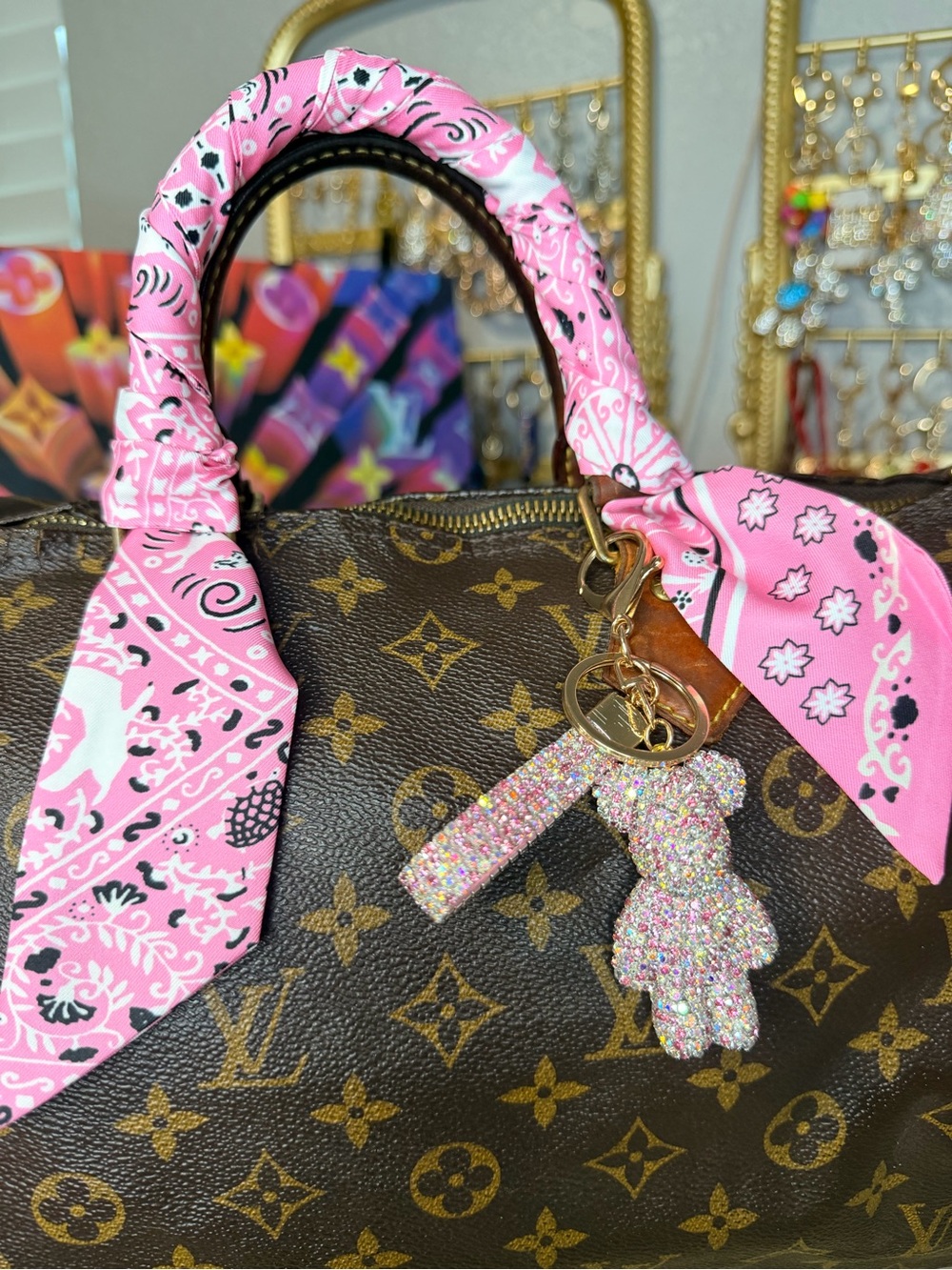 Pink Bandana Handle Wrap Scarf with Teddy Bear Charm